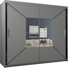 Modern Geometric Mirror Sliding Door Wardrobe 180cm | White/Black/Grey 2-Door Bedroom Cabinet Grey | Grey180cm