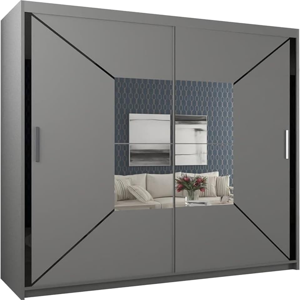 image 1 of Modern Geometric Mirror Sliding Door Wardrobe 180cm | White/Black/Grey 2-Door Bedroom Cabinet Grey | Grey180cm