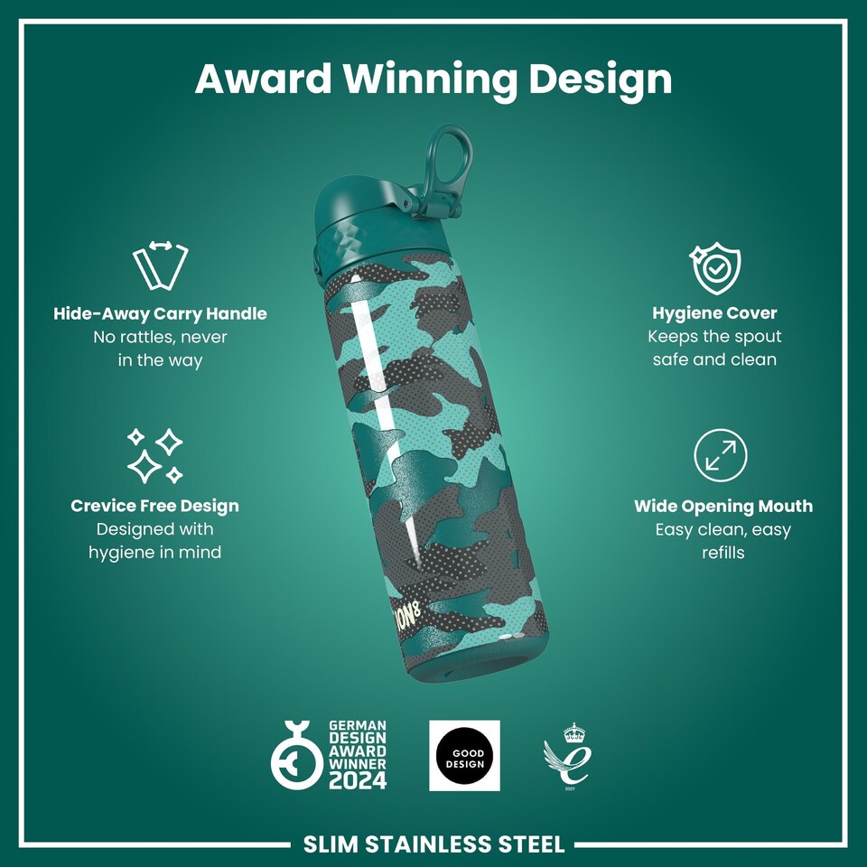 image 1 of Leak Proof Slim Water Bottle, Stainless Steel, 600ml (20oz)