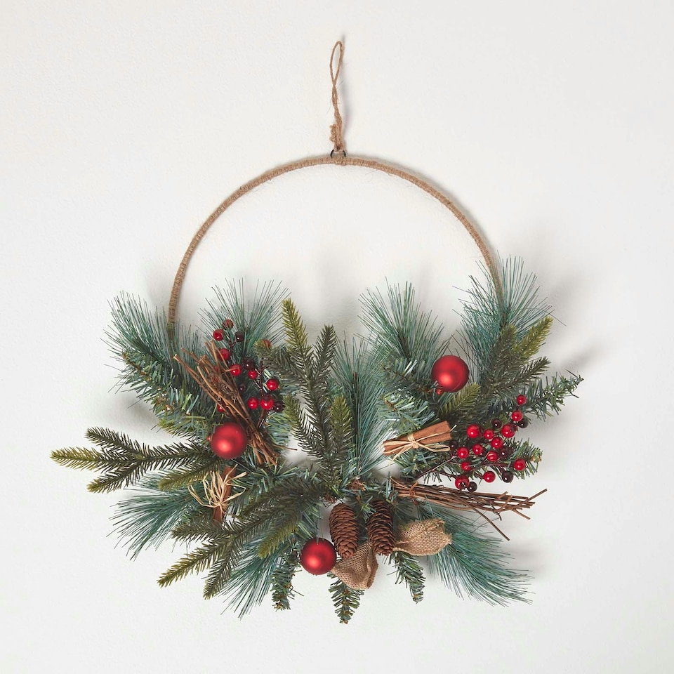 image 1 of Homescapes Round Metal Hoop Traditional Christmas Wreath