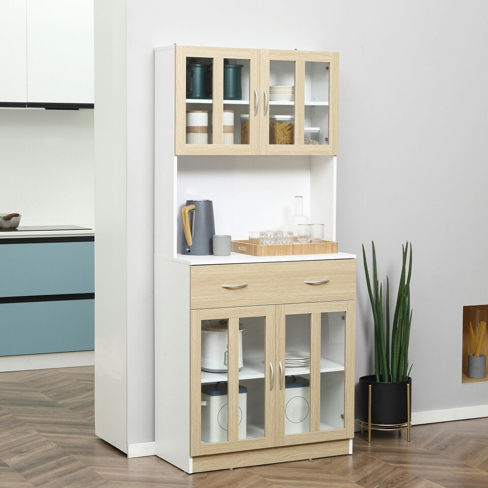image 1 of HOMCOM 1.8m Kitchen Cupboard,Storage Cabinet, Framed Glass Doors with Shelves