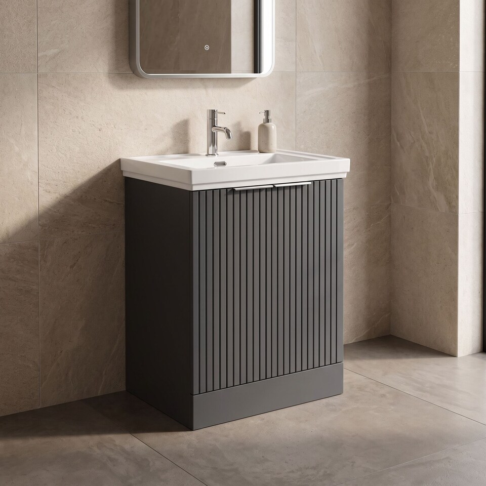 image 1 of Balterley Callingwood Contemporary Floor Standing 2 Door Vanity Unit with Traditional 1 Tap Hole Fireclay Basin , 600mm, Dark Grey