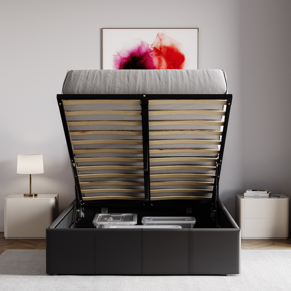 image 1 of Vida Designs Lisbon 4ft Small Double Size Ottoman Bed Storage Faux Leather, Black, 120 x 190cm