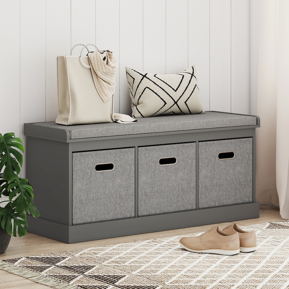 image 1 of HOMCOM Shoe Bench with 3 Fabric Baskets, Shoe Storage Bench with Seat Cushion, Shoe Cabinet for Entryway, Hallway, Living Room, Bedroom, Grey | Grey | Grey