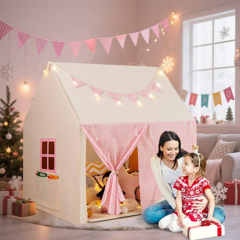 image 1 of COSTWAY Kids Play Tent Indoor Large Playhouse with Mat & Star Lights-Pink