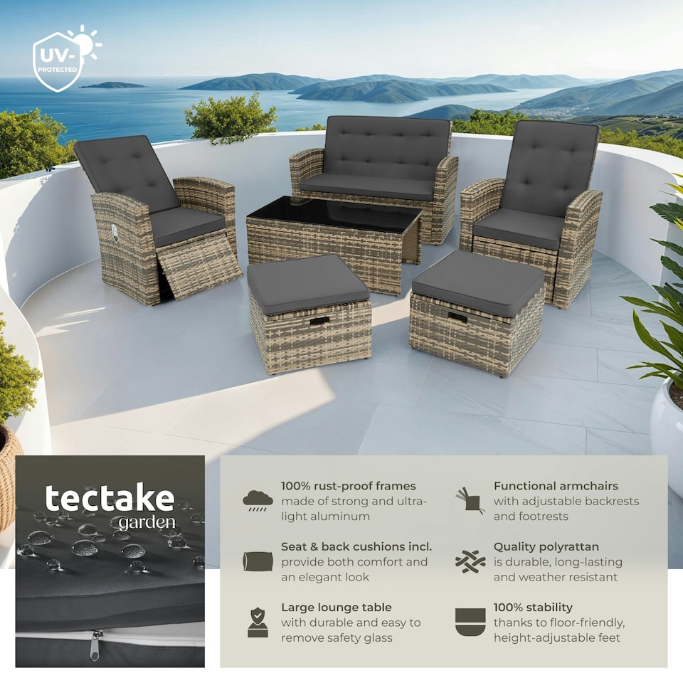image 1 of Garden Furniture Set Bari - outdoor sofa, 2 reclining armchairs, 2 footstools, table - Nature