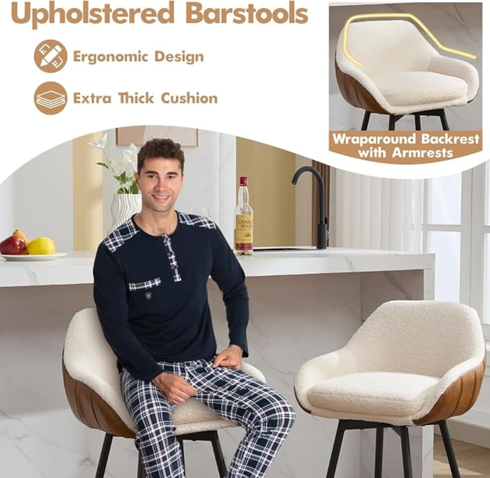 image 1 of London Boutique Set of 2 Swivel Counter Height Bar Stools, Plush Fabric Bar Chairs with Armrest and Footrest