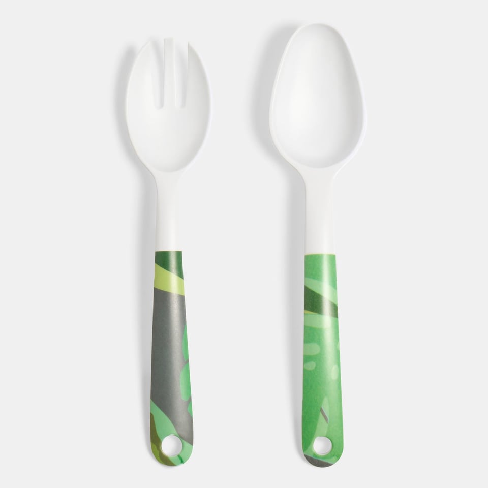 image 1 of OHS Summer Print Plastic Picnic Salad Bowl Utensil Set Lightweight | Green | Colourful Palm