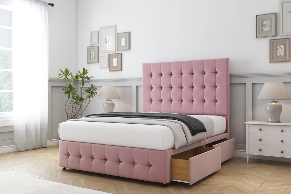 image 1 of Sloomy Berlin Pink Plush Divan Bed Base 2 Drawers Foot-End With 26 Inch Strutted Headboard & 12 Inch Matching Footboard | Pink | Pink | King | 1