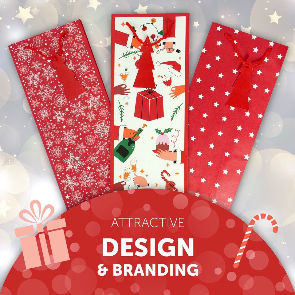 image 1 of Kraft and Co Christmas Wine Bottle Gift Bags with Cord Handles, 3 Pack