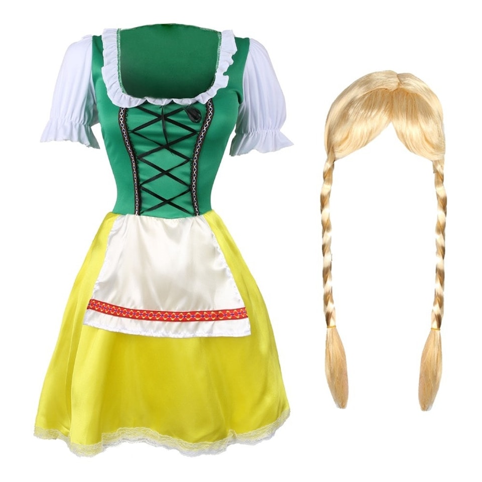 image 1 of Green & Yellow Bavarian Dress with Plaits Green | L