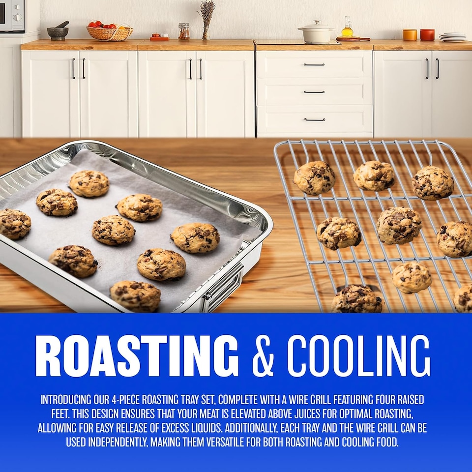 image 1 of Set Of 4 Roasting Trays Stainless Steel Oven Pan Dish Bake Roast Grill