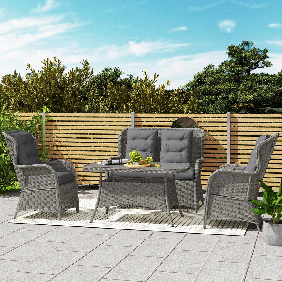 image 1 of Outsunny Garden PE Rattan Dining Sofa Set, Outdoor 4 Seater Wicker Furniture, High Back Chairs with Cushions, Tempered Glass Coffee Table for Patio, Light Grey