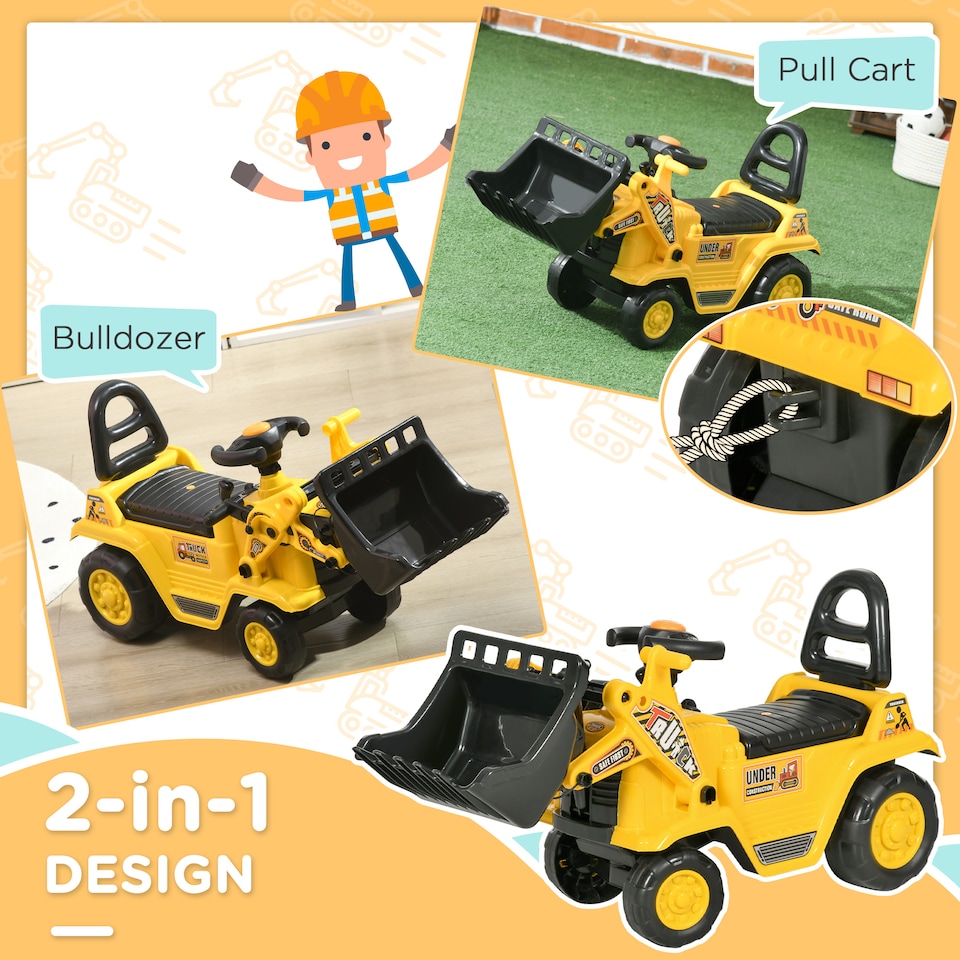 image 1 of HOMCOM NO POWER 3 in 1 Ride On Toy Bulldozer Toddler Digger Excavator Scooter Storage Cart Toilet Pretend Play Construction Truck