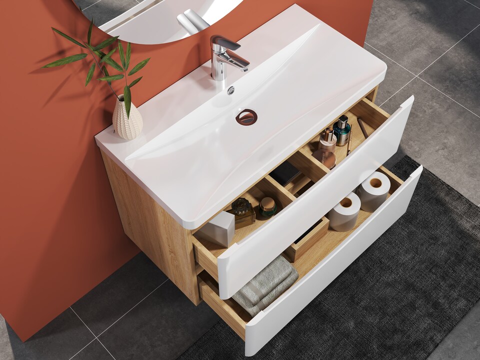 image 1 of AICA 800mm Wall-Hung White Bathroom Vanity Unit With Integrated Sink,2 Soft-Close Drawers for Storage