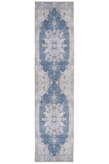 KUKOON Denim Blue Vintage Medallion Non Slip Washable Low Pile Runner Rug 60cm x 240cm | Blue