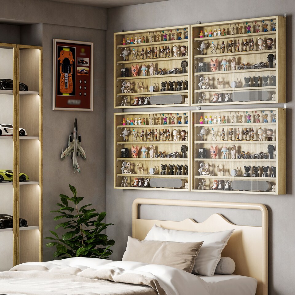 image 1 of HOMCOM 5-Tier Wall Display Shelf Unit Cabinet w/ 4 Adjustable Shelves Glass Doors Home Office Ornaments 60x80cm Oak | White