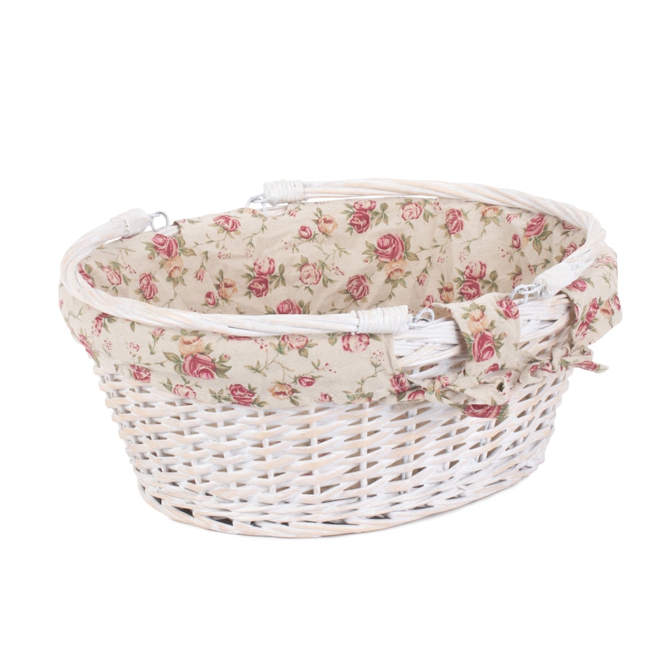 image 1 of Large White Swing Handle Wicker Shopper with Garden Rose Lining | Multi | Garden Rose