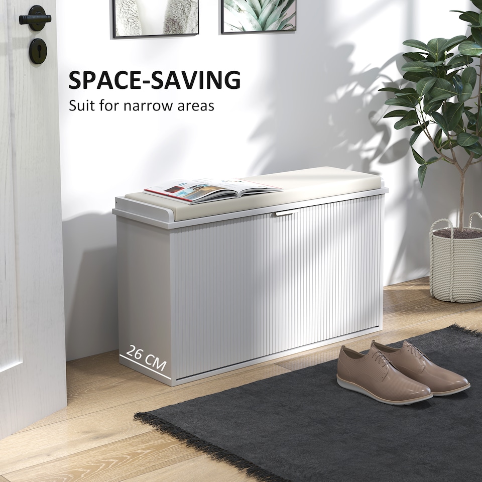 image 1 of HOMCOM Shoe Bench with Padded Seat Cushion and Flip-Drawer, Shoe Cabinet Holds up to 120kg for Hallway, Entryway and Porch, 80x26x47.5cm, White | White | White