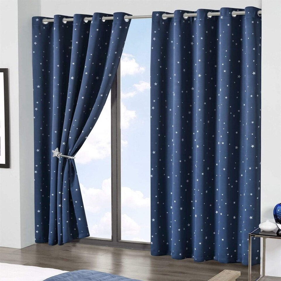 image 1 of Glow in the Dark Blackout Curtains in Navy Stars, 167cm x 183cm Blue | Blue