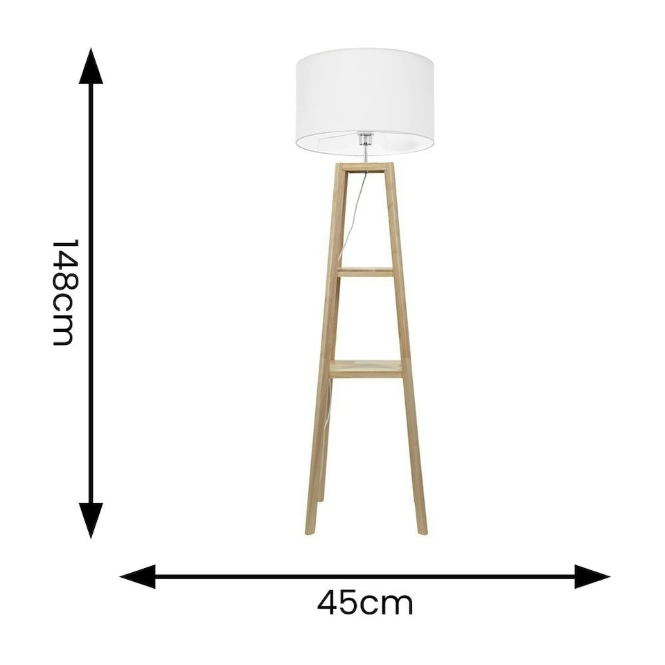 image 1 of ValueLights Wakefield Quad Base Two Shelf Wooden Floor Lamp with White Fabric Shade and LED Bulb