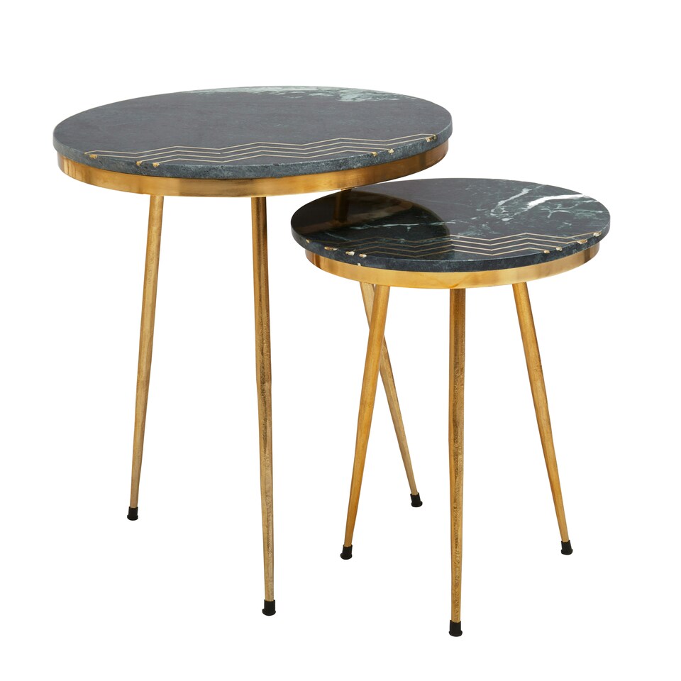 image 1 of Interiors by Premier Green Marble Side Table (Set of 2), Rich Green Marble Tabletops with Gold Iron Criss‑Cross Legs Green