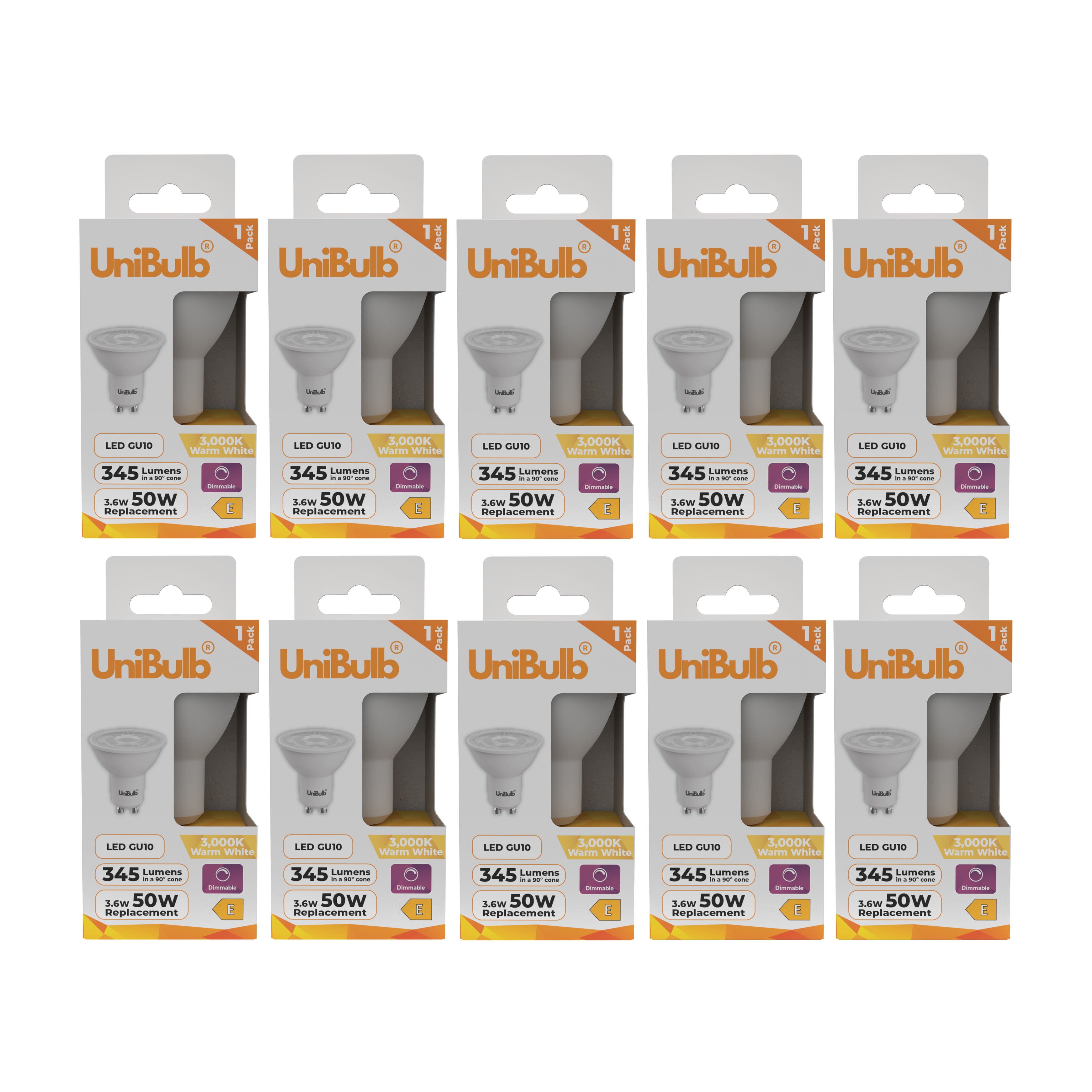 UniBulb LED GU10 345lm 3.6W (Replaces 50W) 3000K (Warm White) Spotlight Downlight Dimmable Light Bulb - Pack of 10