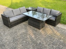 Fimous 6 Seater Outdoor Rattan Sofa Set Adjustable Rising Lifting Dining Table Side Tea Coffee Table Dark Grey Mixed