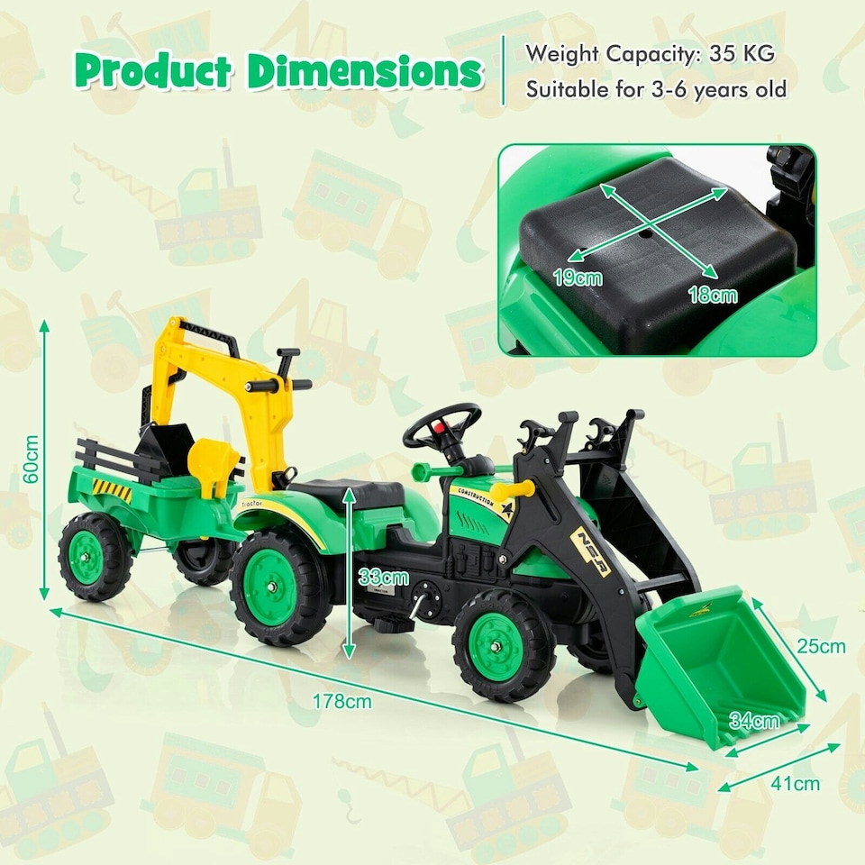image 1 of COSTWAY 3 in 1 Kids Ride On Excavator Pedal car Bulldozer Green