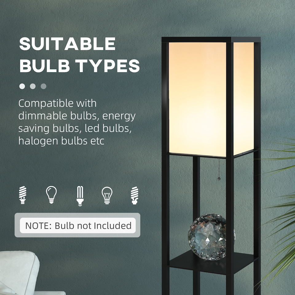 image 1 of HOMCOM Floor Lamp with Shelves and Top Light, Modern Corner Standing Lamp with TC Fabric Lampshade for Living Room, Bedroom, Bulb not Included, Black