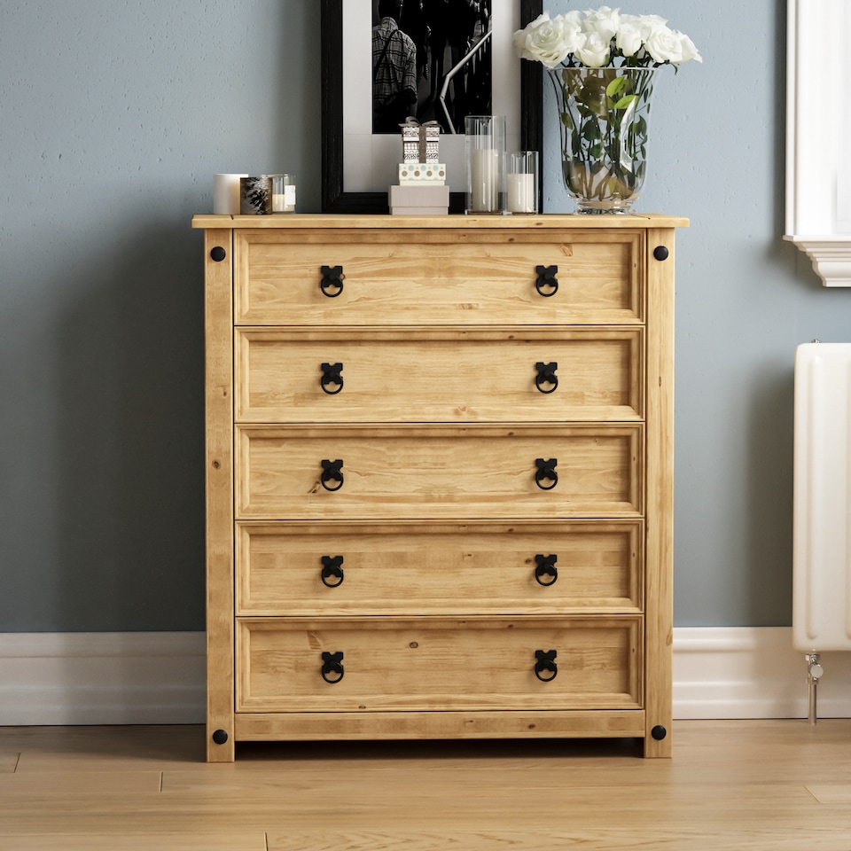 image 1 of Vida Designs Corona 5 Drawer Chest of Drawers Rustic Furniture, Solid Pine Wood