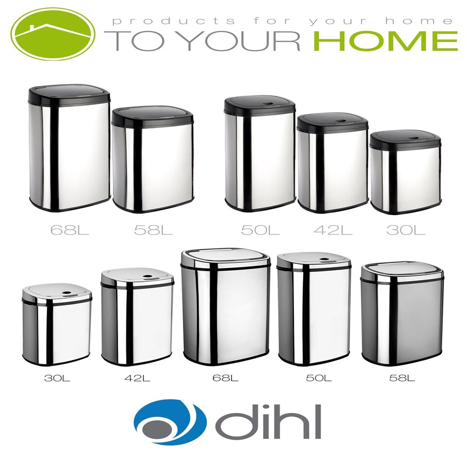 image 1 of Dihl 68L Onyx Chrome with Black Lid Stainless Steel Auto Touchless Hands-free Sensor Kitchen Waste Dust Bin Automatic Motor