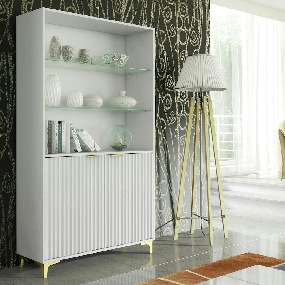image 1 of White Display Cabinet 100cm Ribbed Doors Gold Legs Modern Storage Unit | White