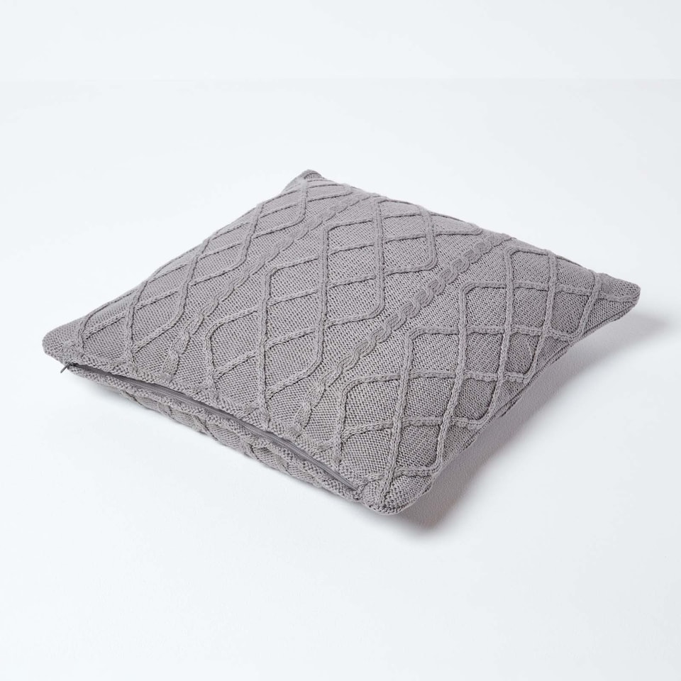 image 1 of Homescapes Grey Diamond Cable Knit Cushion Cover - 45 x 45 cm | Grey | Grey | 1