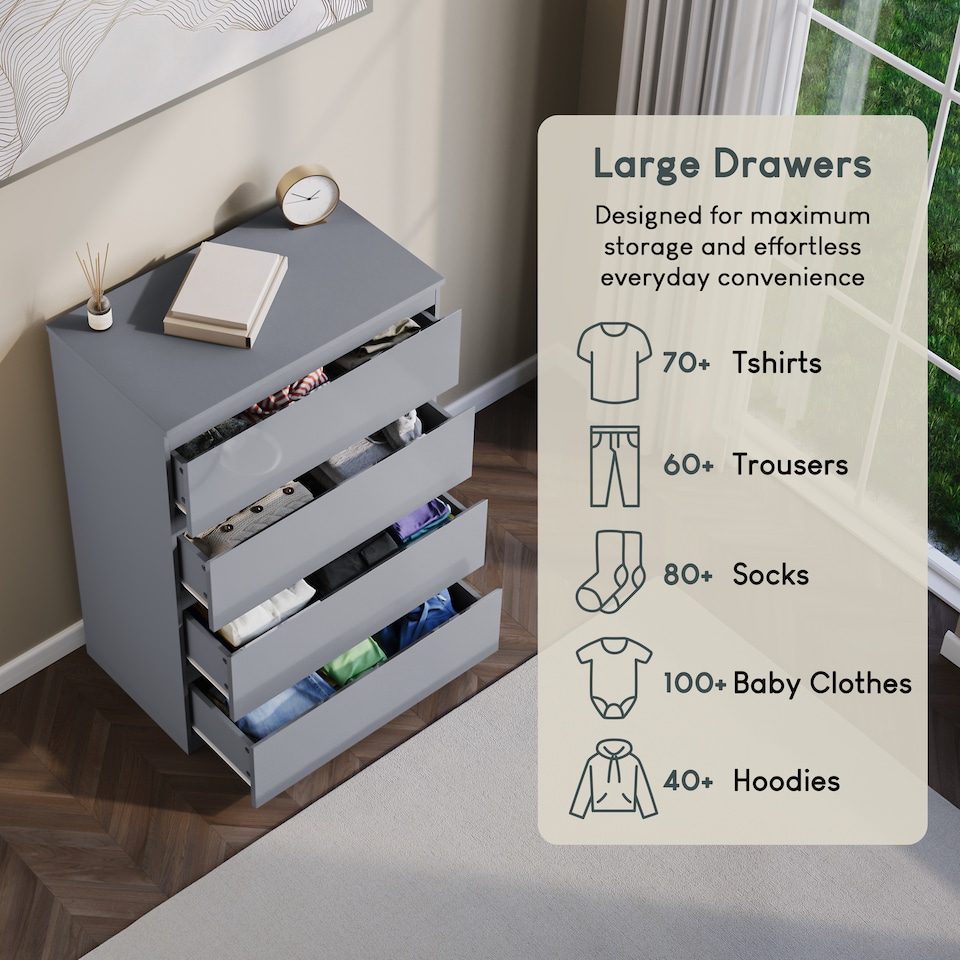image 1 of Vida Designs Glinton 4 Drawer Chest of Drawers Bedroom Storage, 100% FSC, Grey