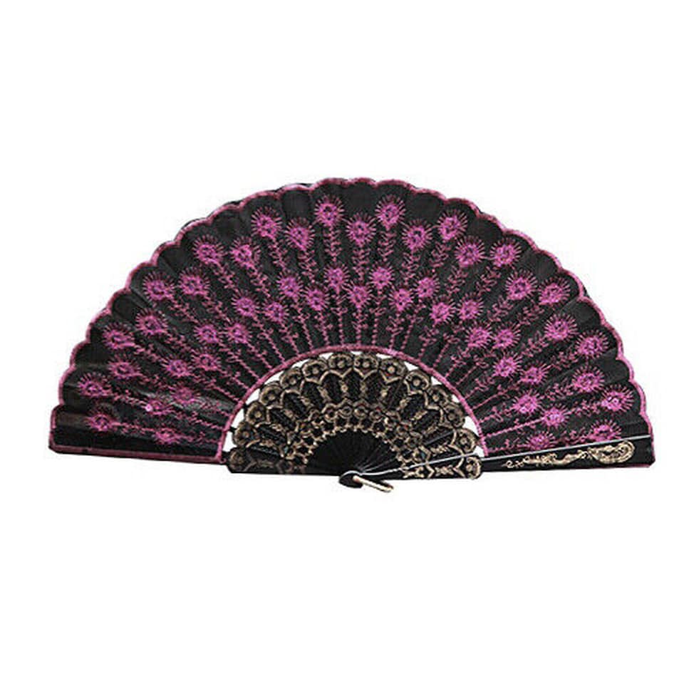 Spanish Lace Silk Folding Hand Fan | Decorative Spanish Style Fan with Lace Trim & Floral Design | Portable Folding Cooling Fan for Weddings, Parties, Festivals & Dance Accessories