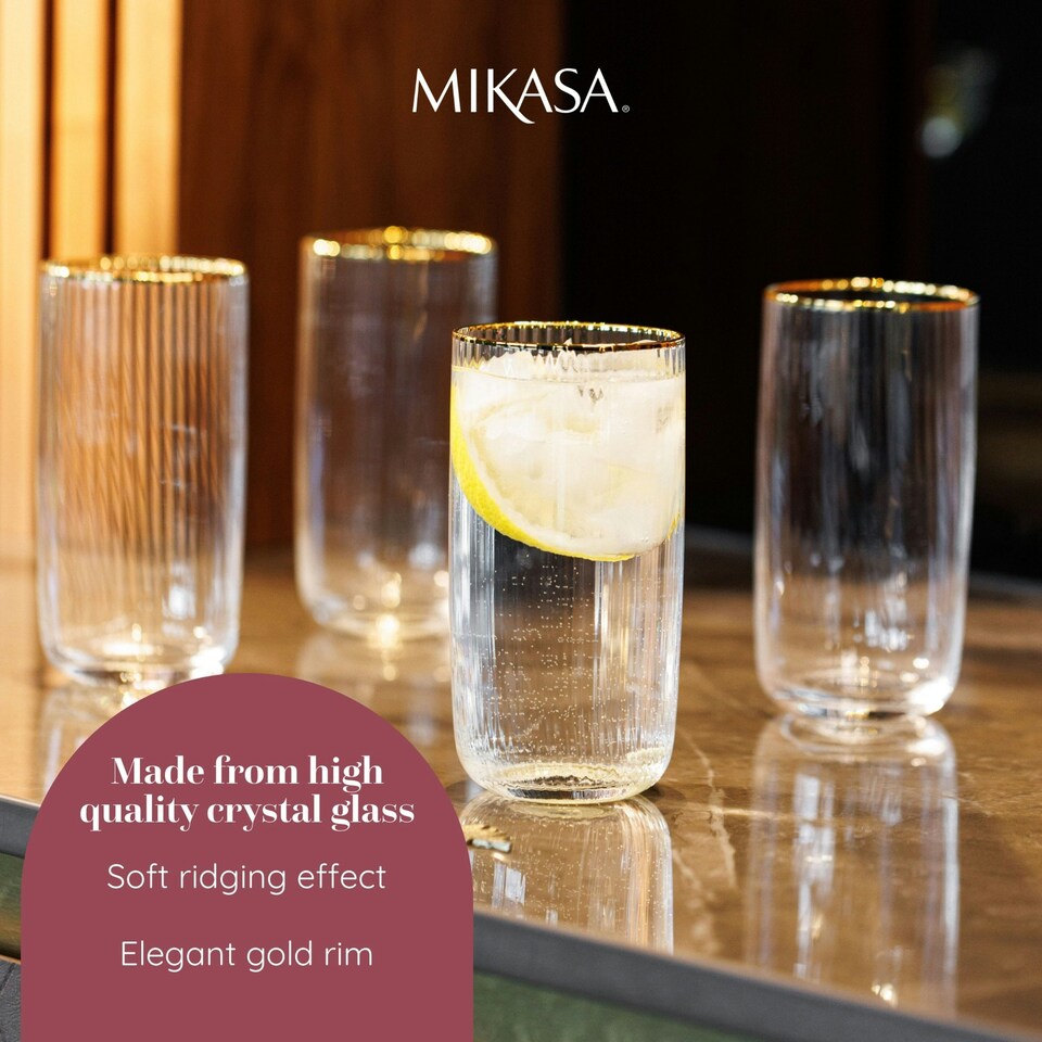 image 1 of Mikasa Highball Cocktail Glasses Set Clear Ridged Crystal 375ml Set of 4