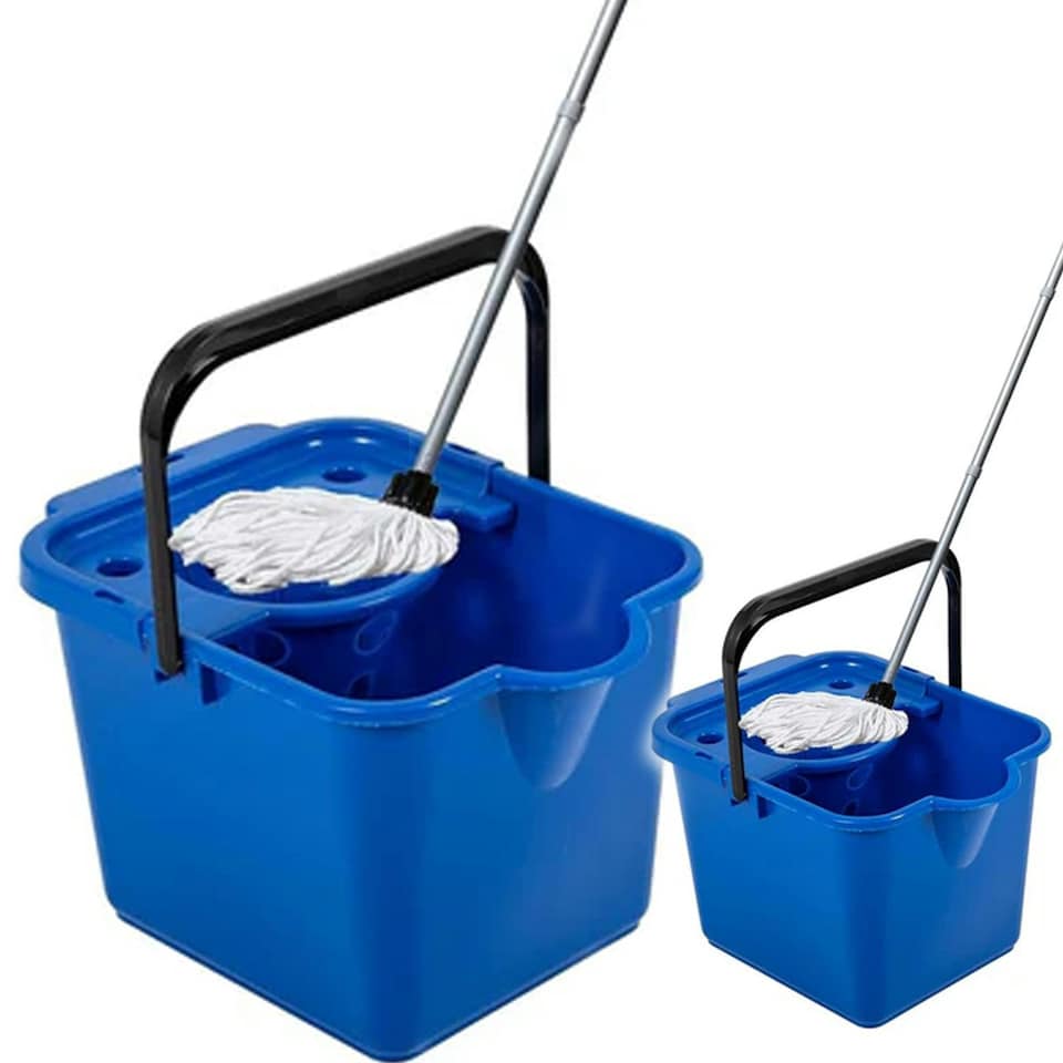 image 1 of 1 x Blue 12 Litre Cotton Mop & Bucket Hard Floor Cleaning Set With Wringer & Pouring Lip