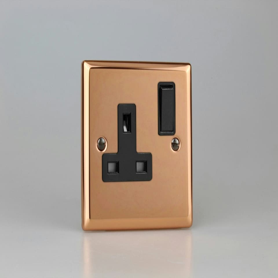 Varilight XY4B.CU 1-Gang Switched Socket DP 13 Amp Polished Copper (Black Inserts) | Multi