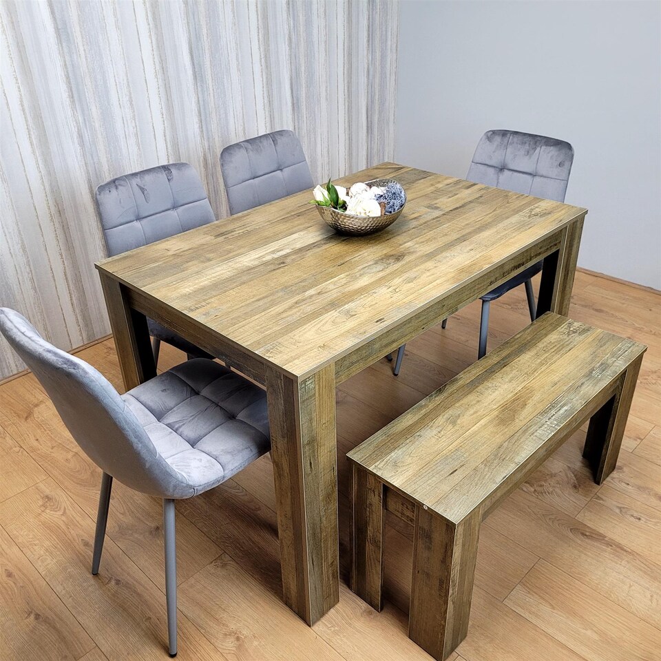 image 1 of Wooden Dining Table Set for 6 Rustic Effect Table With 4 Grey Velvet Chairs and 1 Bench