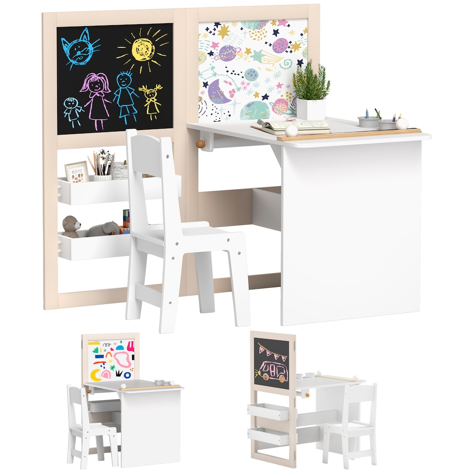 image 1 of AIYAPLAY 3 in 1 Kids Art Table and Chair Set with Storage Shelves, Foldable Blackboard, Whiteboard & Roll Paper, Toddler Table and Chair Set for 3-8 Years, White