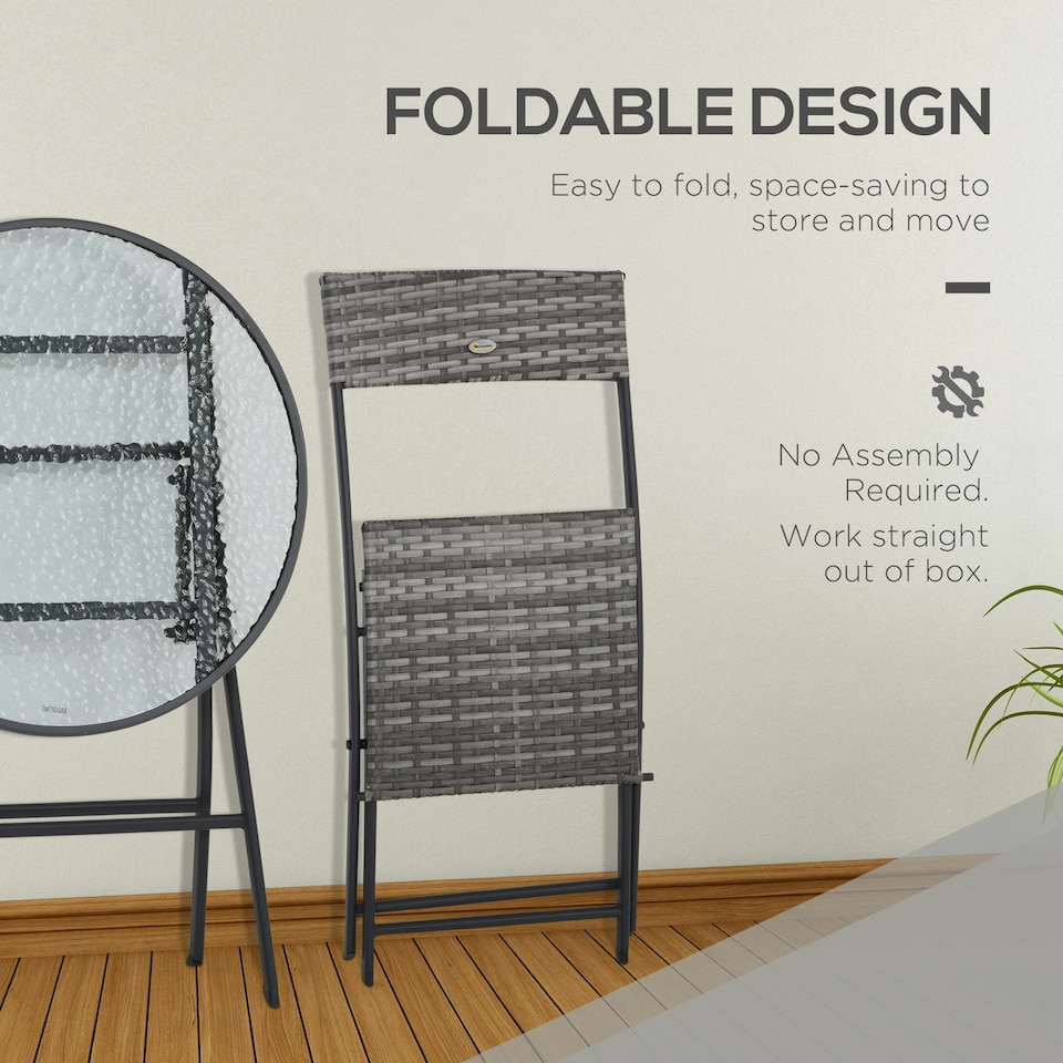image 1 of Outsunny 3 PCs Patio Wicker Bistro Set Foldable Table and Chair Set for Outdoor