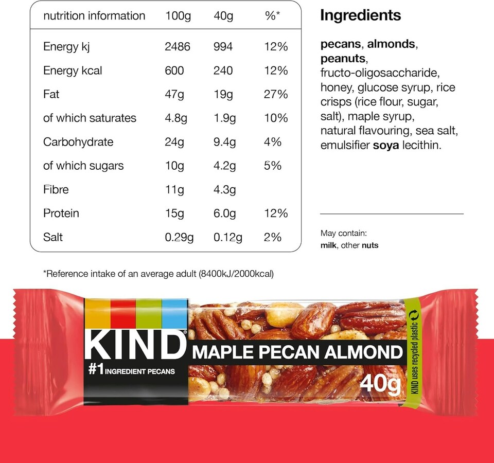 image 1 of KIND Bars, Gluten Free Snack Bars, Maple Pecan Almond, High Fibre, Healthy Snack, No Artificial Colours, Flavours or Preservatives, Multipack 24 x 40g | Red