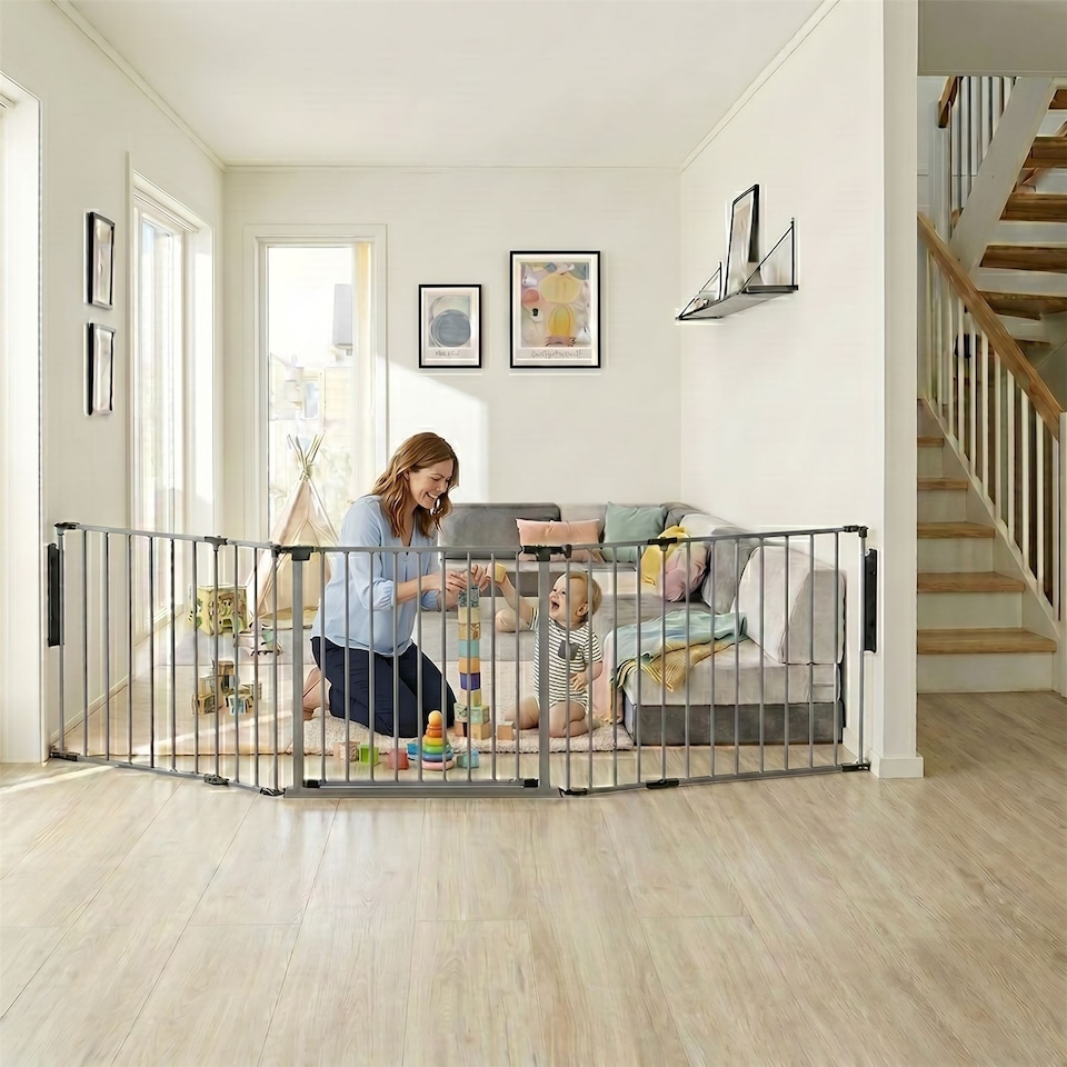 image 1 of Safetots Premium Multi Panel Room Divider, up to 226cm Wide, Grey, 70cm Tall, Flexible Barrier with Door for Baby and Toddler | Grey