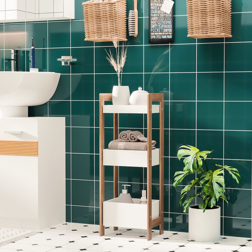 image 1 of HOMCOM 3-Tier Bathroom Rack Storage Shelf Bamboo Organiser Shower Tower for Narrow Place