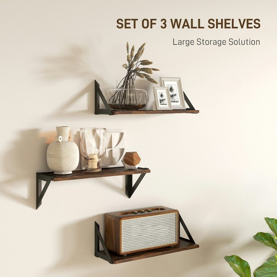 image 1 of HOMCOM Set of 3 Vintage Wall Shelves for Living Room Rustic Brown