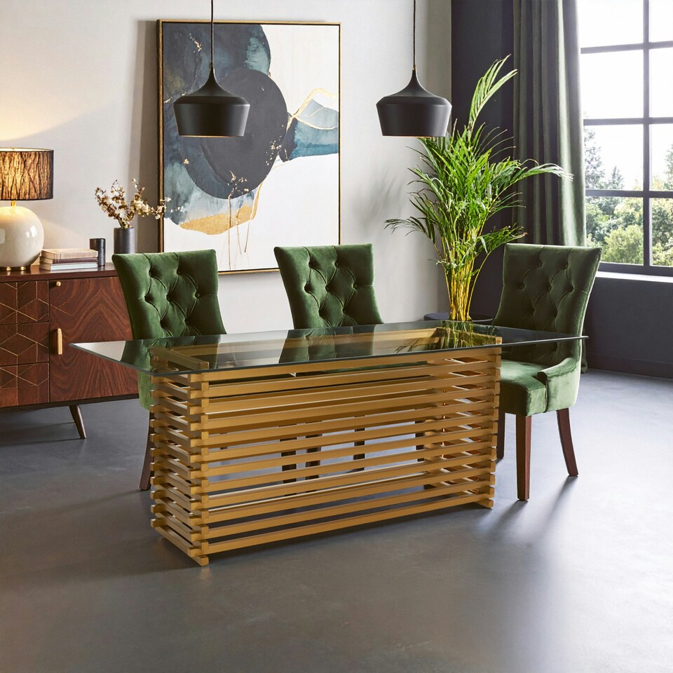 image 1 of Interiors by Premier Matte Gold Dining Table, Rectangle Clear Glass Top Dining Room Table, Stainless Steel Base Kitchen Table Gold