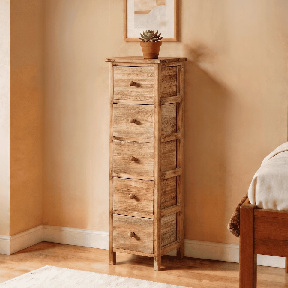 image 1 of 5 Drawer Chest Natural Wooden Tallboy Bedroom Storage Organiser Fully Assembled