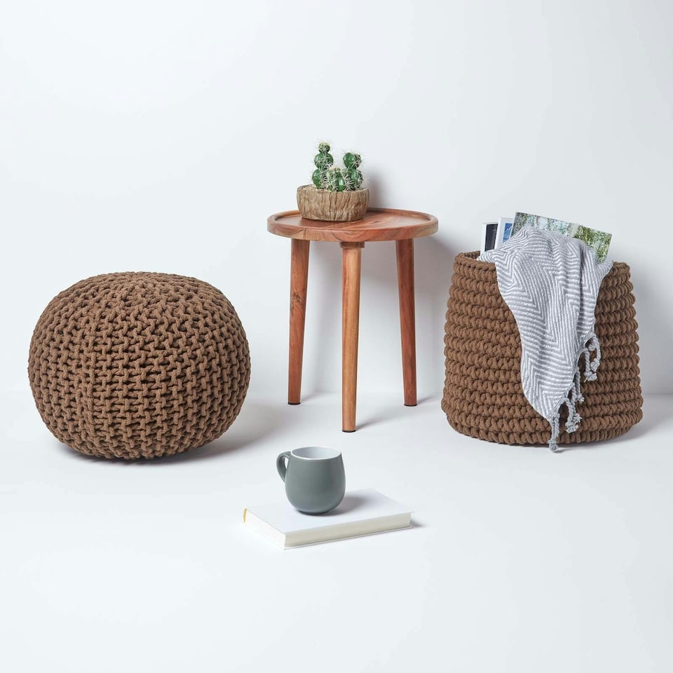 image 1 of Homescapes Chocolate Brown Round Cotton Knitted Pouffe Footstool - 35 x 40 cm | Brown | H 35cm x W 40cm