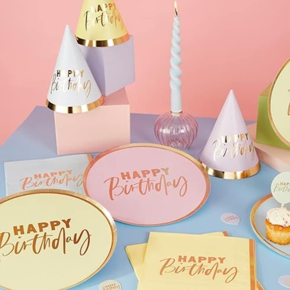 image 1 of Assorted Pastel Colour with Gold Foil Happy Birthday Round Paper Plates 23cm - Pack of 8 Gold